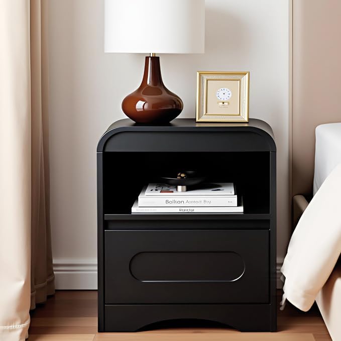 Night Stand [Curved Profile] Nightstand with 1 Drawer and 1 Storage Black Bed Side Table End Table Large Modern Wide Bedside Stand Tall Night Stands for Bedroom Living Room Sofa Couch Home Office by SOLACEFURNITURE