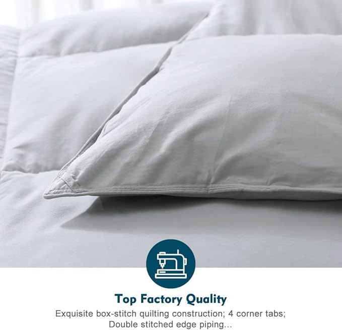 Gray Feathers Down Comforter Full/Queen - 100% Organic Cotton Cover, Medium Warm All Seasons Machine Washable Duvet Insert with Tabs (90x90, Mirage Grey)