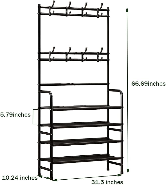 Coat Rack Shoe Rack With Storage Shelf Freestanding with 8 Hooks for Entryway Bedroom Closet 4 Tier, Black - Image 5