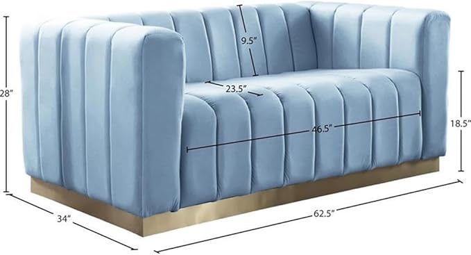 Meridian Furniture 603SkyBlu-L Marlon Collection Modern | Contemporary Velvet Upholstered Loveseat with Deep Channlel Tufting and Brushed Gold Finish, Sky Blue, 62.5" W x 34" D x 28" H