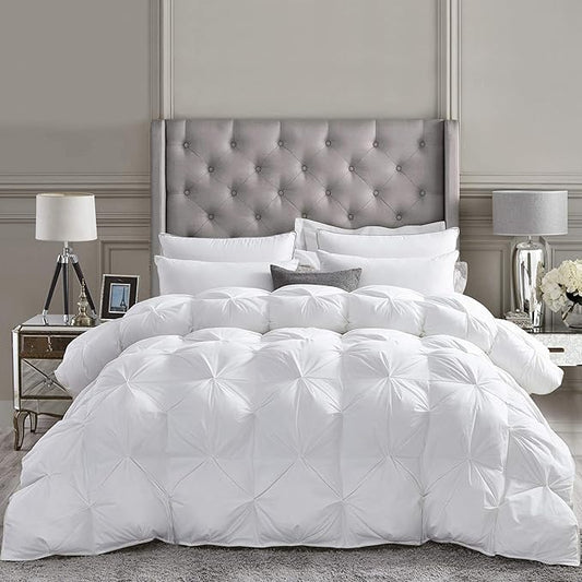 Premium All-Season Queen Size Luxury Siberian Goose Down Pinch Pleated Comforter Duvet Insert 1200 Thread Count 100% Egyptian Cotton Down Feather Comforter (Queen, White)