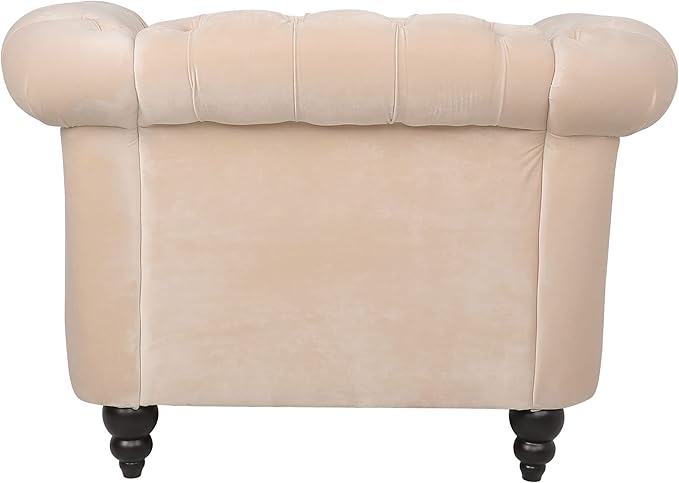 LEVNARY Velvet Chesterfield Chair, Mid-Century Modern Single Sofa Chair with Button Tufted Backrest and Nailhead Decor, Tufted Upholstered Rolled Armchair for Home Bedroom Reading Room (Beige)