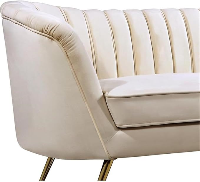 Meridian Furniture Margo Collection Modern | Contemporary Velvet Upholstered Sofa with Deep Channel Tufting and Rich Gold Stainless Steel Legs, Cream, 88" W x 30" D x 33" H