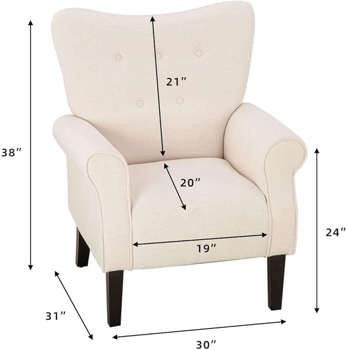 YOLENY Modern Accent Chair,High Back Armchair,Upholstered Fabric Button Single Sofa with Wooden Legs for Living Room,Bedroom,Club,Beige