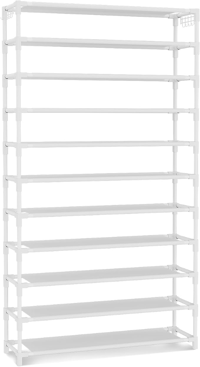VILICK 11 Tiers Tall Wide Shoe Rack 55 Pairs Large Capacity Sturdy Durable Shoe Rack for Closet Metal Shoe Organizer Shelf with Two Hooks Space Saving for Entryway White - Image 6