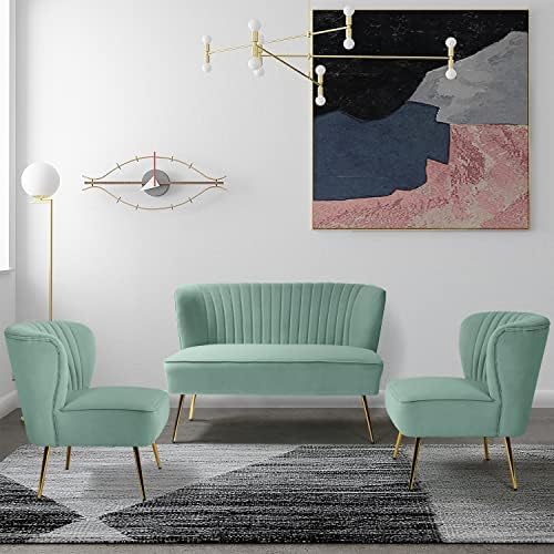HULALA HOME 3 Piece Velvet Living Room Furniture Set, Modern Comfy Upholstered Chair Set with Golden Legs, Include Loveseat & 2 Accent Chairs for Bedroom, SAGE Tufted 2-Seater Sofa & Armless Chairs