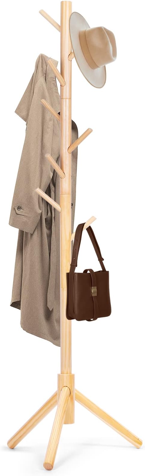 Solid Wooden Coat Rack Freestanding, New Zealand Pine Coat Tree with 8 Hooks & 3 Adjustable Sizes for Coats, Hats, Handbags and Scarves, Space Saving for Entryway/Office/Bedroom (Nature) by Unknown