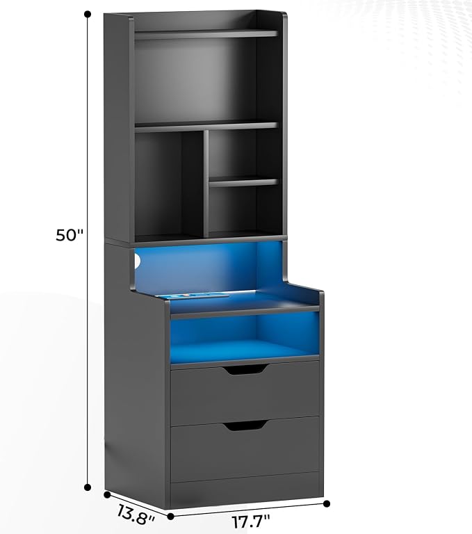 ADORNEVE Charging Nightstand Set of 2 with LED Lights,Tall Night Stand with Bookshelf,Bedside Table with Drawers,Black Side Tables Bedroom - Image 2