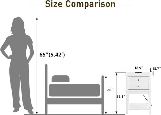 conifferism White Nightstand with Charging Station 28 inches Tall for Bedroom, Sofa Side Table with 2 Drawers,Large End Table with USB Ports,Modern Bedside Table for Home Living Room - Image 4