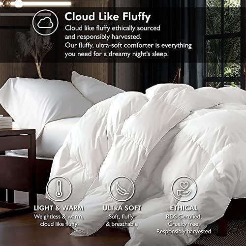 Luxurious King/California King Size Goose Down Fiber Waterfowl Feather Fiber Comforter Duvet, 100% Cotton Cover, 58 oz. Fill Weight, Baffle Box Design, White Solid