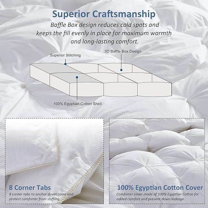 Premium All-Season Queen Size Luxury Siberian Goose Down Pinch Pleated Comforter Duvet Insert 1200 Thread Count 100% Egyptian Cotton Down Feather Comforter (Queen, White)
