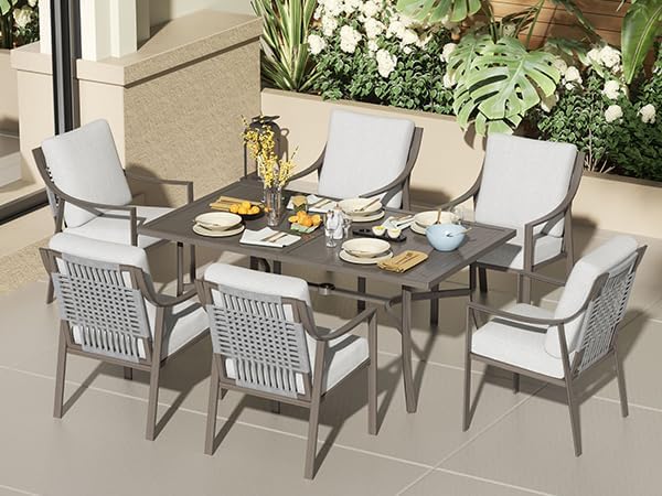 NATURAL EXPRESSIONS 7 Piece Patio Dining Table Outdoor Furniture Set for 6, 6Pcs Fixed Dining Chairs with Olefin Cushions, 65”Large Dining Table with Umbrella Hole by NaturalExpressions