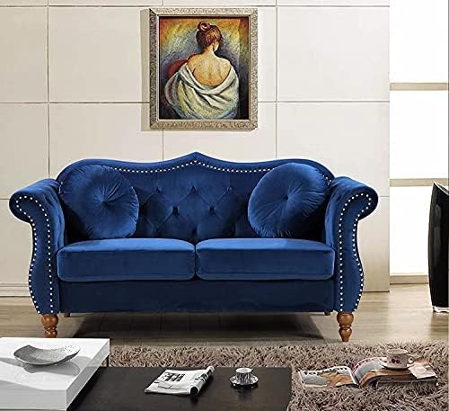 Anna1 Chesterfield Velvet Couches for Living Room, Button Tufted Luxury Upholstery with Rolled Arms, High-Density Foam, Durable Wood Frame, 65.5" Loveseat, Blue