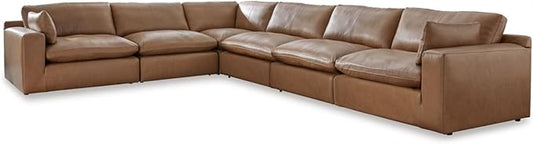 Signature Design by Ashley Emilia Modern L-Shaped Leather Match Modular Anti Sag 6-Piece Sectional with Loose Back Cushions and 2 Bolster Pillows, Orange