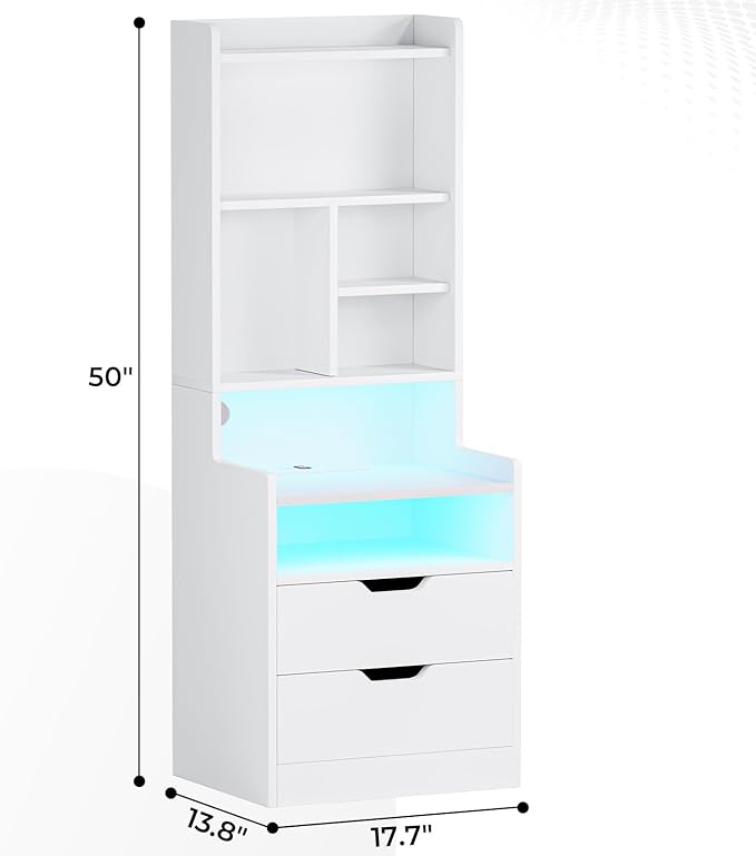 ADORNEVE Tall Nightstand Set of 2,LED Night Stand with Charging Station,Bedside Table with Bookshelf and Drawers,White Side Tables Bedroom,13.8" D x 17.7" W x 50" H - Image 2
