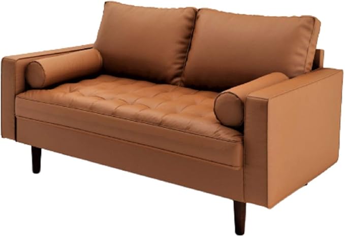 Womble Mid Century Modern Couch with Bolster Pillows, PU Leather Upholstered Tufted Seat, Versatile Retro Design for Comfortable Living Spaces, Loveseat, Sofa, Coffee Brown