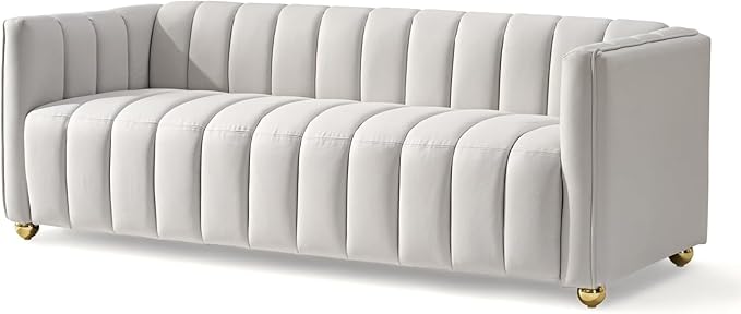 Direct Glam Fabric Upholstered Solid Wood Frame 82.7" Art Deco Sofa for Living Room, Office, Sophisticated 3 Seater Couch, Ivory