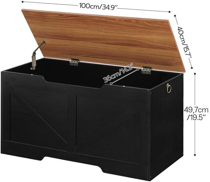 HOOBRO Storage Bench, 39.4" Retro Wooden Storage Chest with U-Shaped Cut-Out Pull, Safety Hinge, Supports 220 lb and Easy Assembly for Toy Box Organizer (Black and Walnut) BH771CW01 - Image 7