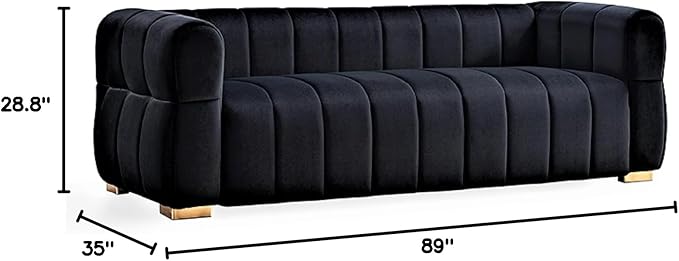Art Deco Velvet Sofa with Tufted Low Back Design, Sophisticated 3 Seater Couch for Living Rooms, 89 Inch Wide, Easy Assembly, Black