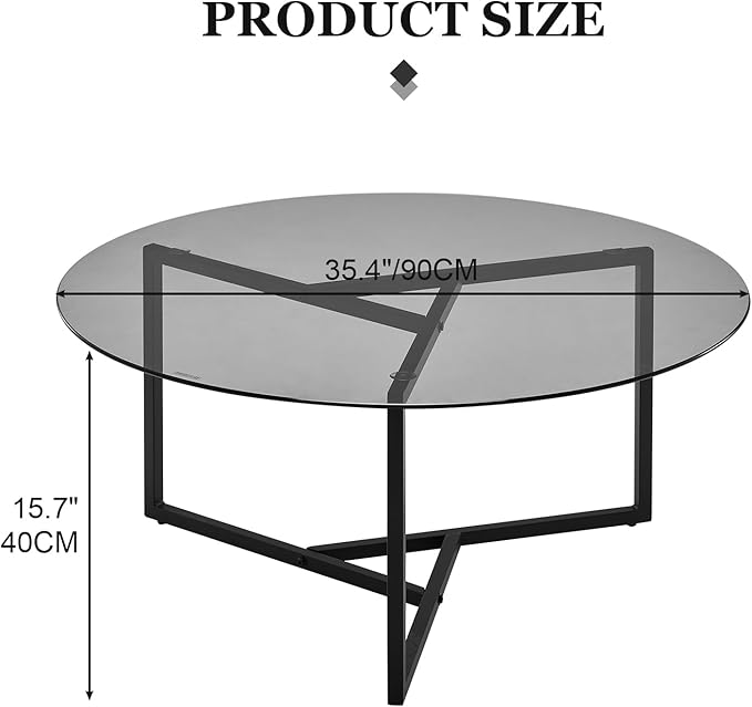 Round Coffee Table, 35.4 Inch Circle Glass Top Center Table with Iron Legs, Modern Minimalist Design for Living Room, Office (Black Top)