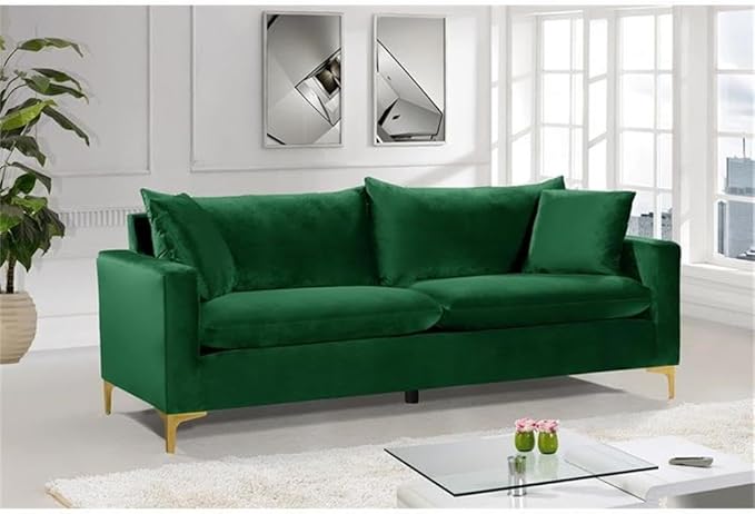 Meridian Furniture Naomi Collection Modern | Contemporary Green Velvet Upholstered Sofa with Stainless Steel Base in a Rich Gold or Chrome Finish, 81.5" W x 33.5" D x 30" H (633Green-S)