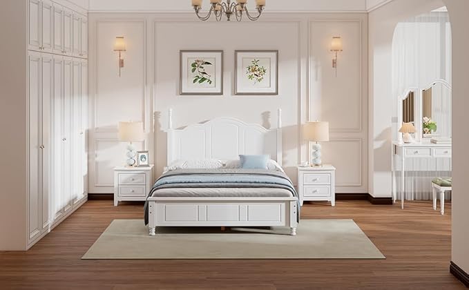 Harper & Bright Designs 3 Pieces Full Bedroom Sets, Wooden Platform Bed with 2 Nightstands, Retro Design Full Bedroom Furniture Sets, Easy to Assemble (White)