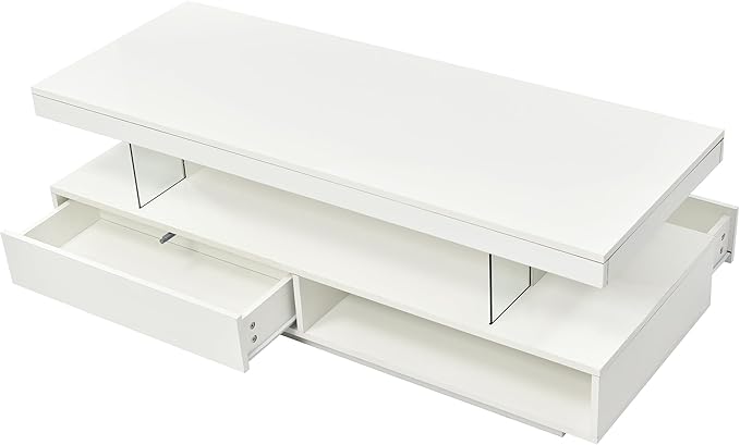 Modern LED Coffee Table with Storage, High Gloss Cocktail Center Table with Drawers, Display Shelves & LED Lights for Living Room, 51.2’’, White