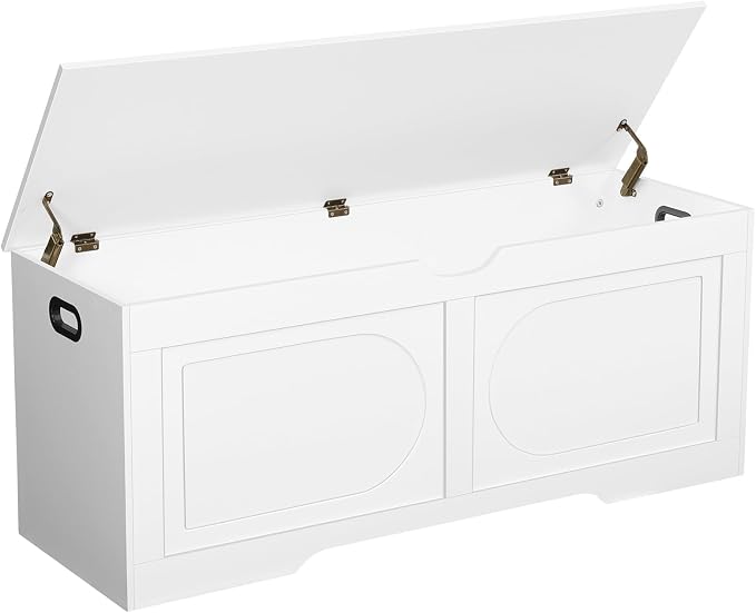 MAHANCRIS Storage Chest, 47.2” Toy Box, Entryway Storage Trunk, Shoe Bench with Storage, Engineered Wood Storage Cabinet with 2 Safety Hinges, Entrance Bench for Living Room, White SCWT2201 by MAHANCRIS
