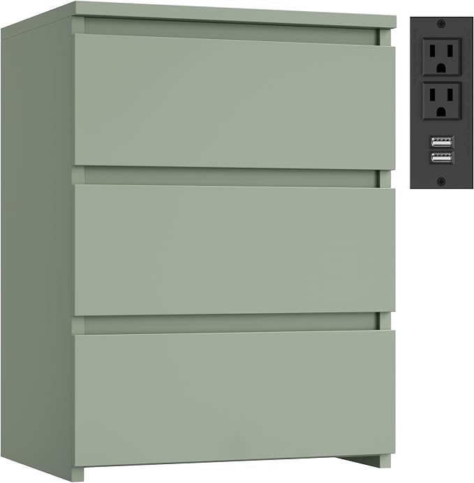 FOTOSOK Nightstand, 26" H Night Stand with Charging Station, Nightstand with USB Ports & Power Outlets, Silent Slides, Wooden End Side Table Bedside Table with 3 Drawers for Bedroom, Green by FOTOSOK
