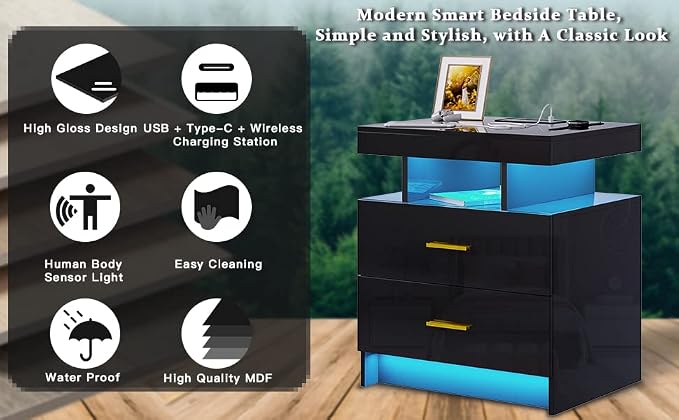HNEBC Auto LED Nightstands Set of 2,Modern Bedside Table with USB Ports & Wireless Charging Station,High Gloss Bedside Tables with 2 Drawers,Nightstands for Bedrooms/Living Room/Office (Black) - Image 10