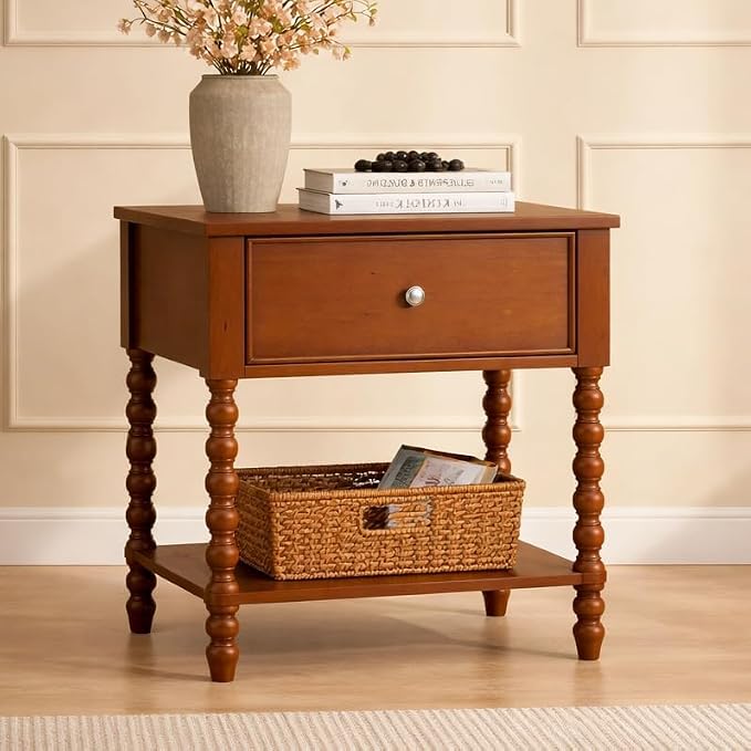 AMERLIFE 24" Walnut Nightstand, Vintage Bedside Table for Bedroom, Solid Wood Night Stand with Turned Legs, End Table with Drawer & Open Shelf, Large/Tall Nightstand, Brown Walnut Finish - Image 6