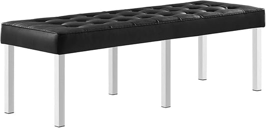 Modway Loft Tufted Button Faux Leather Upholstered Large Accent Bench in Silver Black