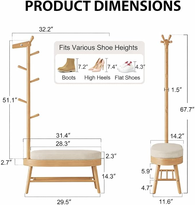 AQIMUELE Entryway Shoe Rack with Coat Rack, Wooden Shoe Bench with Upholstered Cushion, 3-in-1, 2-Tier Shoe Storage and Cute Animal Hooks for Entryway, Hallway, Closet (Natural 32.2") - Image 2