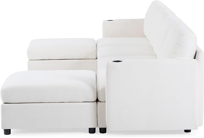 ERYE Oversized Chenille Upholstered Modular Storage Sectional Sofa Couch W/2 Movable Ottomans & Cupholders, U-Shaped Free Combined Sofa Couch Convertible Sleeper Sofabed for Living Room Apartment