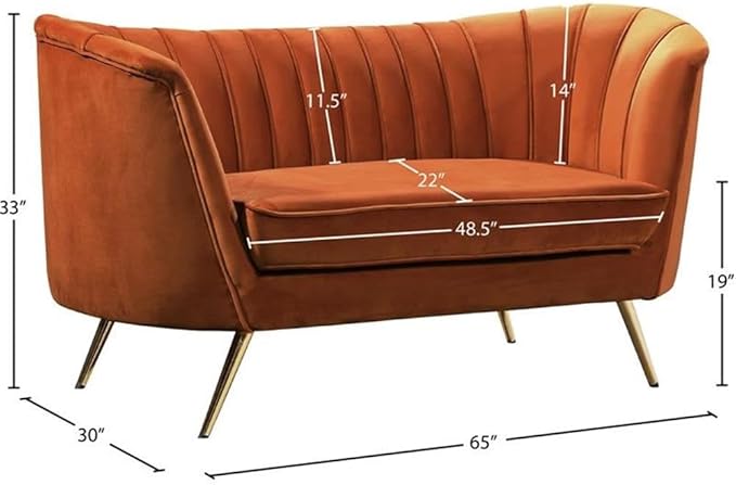 Meridian Furniture Margo Collection Modern | Contemporary Velvet Upholstered Loveseat with Deep Channel Tufting and Rich Gold Stainless Steel Legs, Cognac, 65" W x 30" D x 33" H