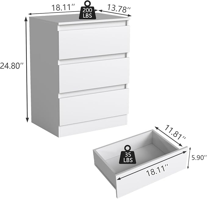 3 Drawer Nightstand Set of 2, Modern Bedside Table with Storage, Wooden End Side Tables with Drawers for Bedroom, Hallway, White - Image 3