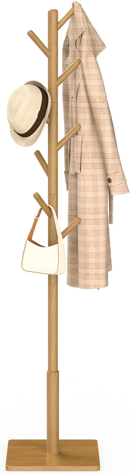 Coat Rack Freestanding with Stable Square Base for Cloathes, Hat, Used in Bedroom, Office and Entryway, Sturdy and Easy Assembly Coat Tree with 3 Adjustable Sizes and 8 Hooks, Natural by YheenLf