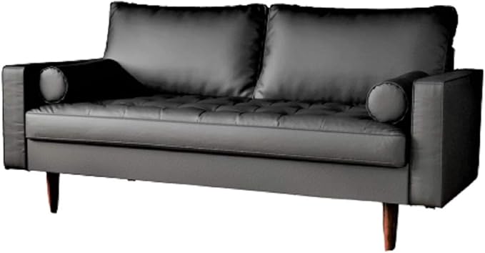 Womble Mid Century Modern Couch with Bolster Pillows, PU Leather Upholstered Tufted Seat, Versatile Retro Design for Comfortable Living Spaces, Sofa, Midnight Black