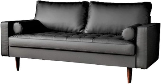 Womble Mid Century Modern Couch with Bolster Pillows, PU Leather Upholstered Tufted Seat, Versatile Retro Design for Comfortable Living Spaces, Sofa, Midnight Black
