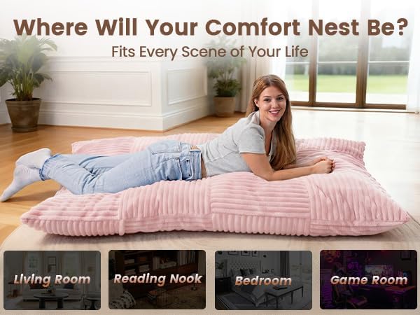 HOMRELEXA Giant Bean Bag Chair, 3-in-1 Convertible Bean Bag Floor Cushion with Washable Cover,Beanbag Chairs for Adult, Living Room, Bedroom, Pink
