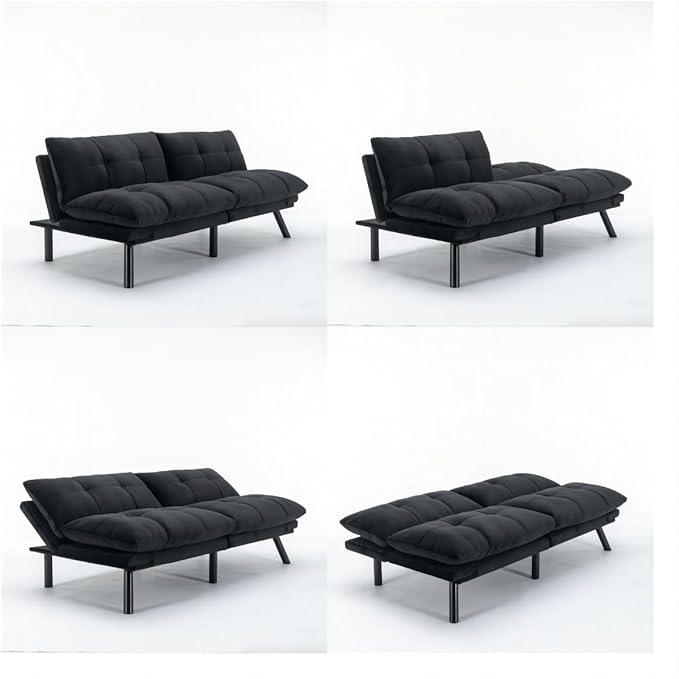Ball & Cast 71" Futon Sofa Bed, Mordern Upholstered 2 Seater Couch with Adjustable Backrest,Folding Loveseat with Metal Legs for Living Room,Office,Black