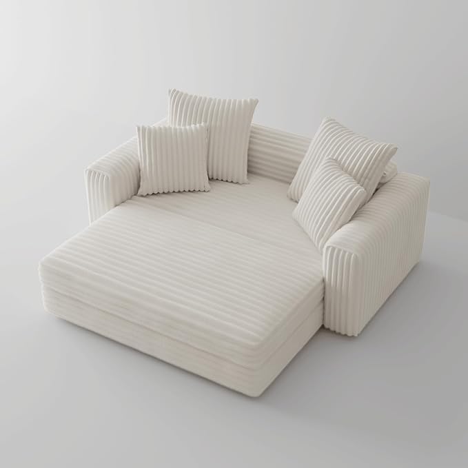 Acanva Oversized Cozy Chaise Lounge Chair Indoor with Removable Ottoman, Modern Upholstered Fluffy Sleeper Sofa Bed, Comfy Reclining Couch for Living Room, Bedroom, White