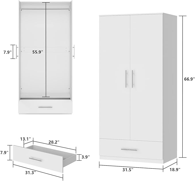 AIEGLE 2 Doors Wardrobe Armoire with Drawer, Freestanding Armoire Wardrobe Closet with Hanging Rod, Bedroom Wood Clothes Storage Cabinet Organizer in White (31.5" W x 18.9" D x 66.9" H)