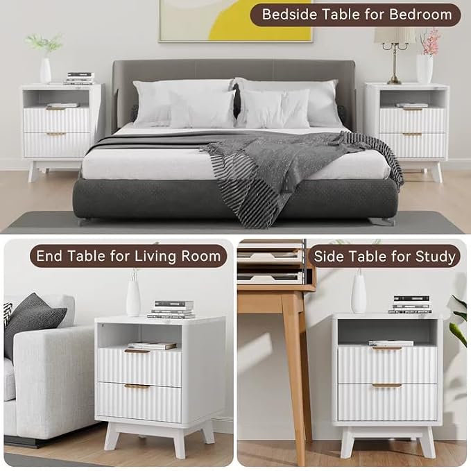 White Nightstand with 2 Drawers, 18" Modern Night Stand with Faux Marble Top, Open Storage Shelf, Fluted Bedside Table for Bedroom, End Table Side Table - Image 6