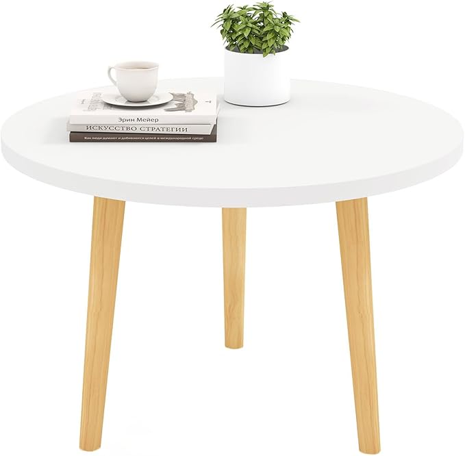Round Coffee Table Low Table with 3 Solid Wood Sturdy Legs,Floor Table Desk for Sitting on The Floor,23.6"D x 23.6"W x 16"H Inches,Living Room/Toy room Furniture,Rental house Furniture (White)