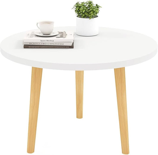 Round Coffee Table Low Table with 3 Solid Wood Sturdy Legs,Floor Table Desk for Sitting on The Floor,23.6"D x 23.6"W x 16"H Inches,Living Room/Toy room Furniture,Rental house Furniture (White)