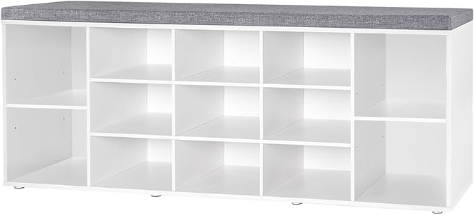 DINZI LVJ Shoe Storage Bench with Cushion, 13-Cubby Shoe Rack, Adjustable Shelves, Multifunctional Shoe Organizer Bench for Entryway, Mudroom, Hallway, Living Room, Bedroom and Garage, White by DINZILVJ