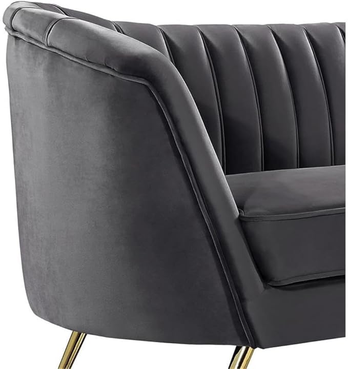 Meridian Furniture Margo Collection Modern | Contemporary Velvet Upholstered Sofa with Deep Channel Tufting and Rich Gold Stainless Steel Legs, Grey, 88" W x 30" D x 33" H