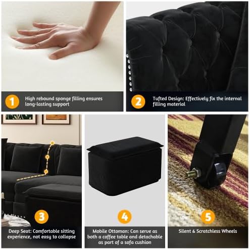 KEIKI 3-in-1 Velvet Chesterfield Sofa Bed with Ottoman, 89" Convertible King Size Sleeper Couch, Rolled Arm 3-Seater Sofa for Living Room or Bedroom, Black