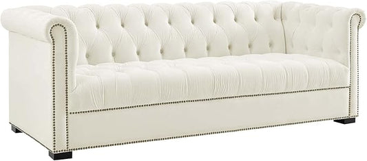 Modway Heritage Tufted Performance Velvet Upholstered Chesterfield Sofa with Nailhead Trim in Ivory